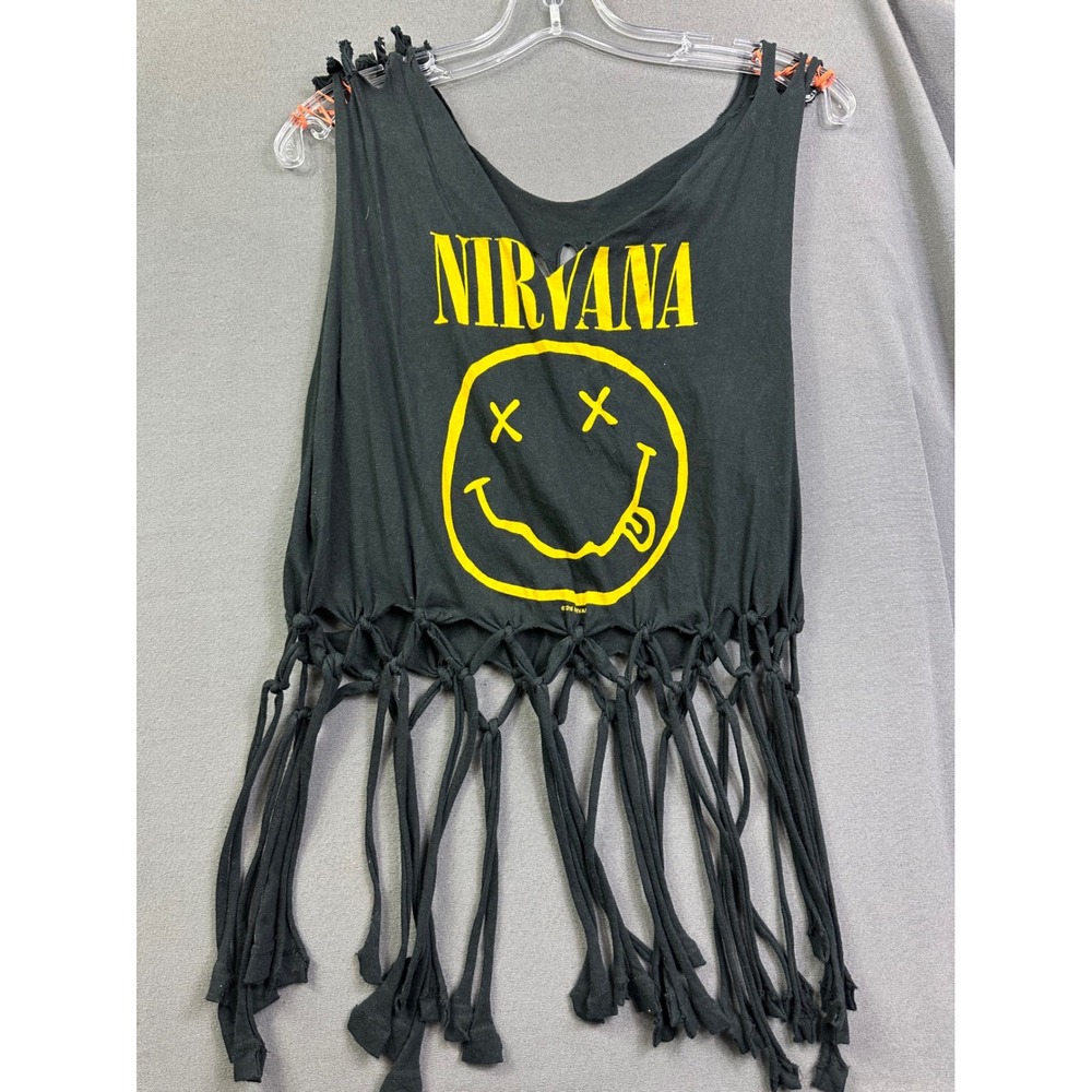 Nirvana Smiley Face Fringe Tank Top Black Distressed DIY Graphic Tee‎ Small